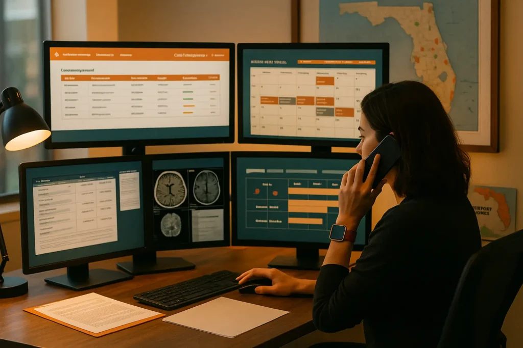 Advocate at desk on the phone coordinating care on four computer screens; case dashboard, therapy calendar, imaging review, benefits tracker; with a Florida support-map on the wall.