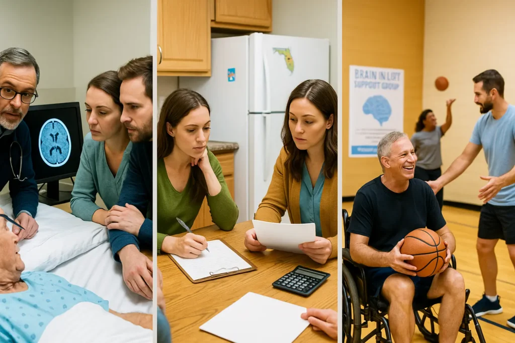 Three-panel series: hospital doctor explains brain scan; at home a benefits navigator helps fill a Medicaid waiver form; peer mentor leads adaptive basketball in a gym.