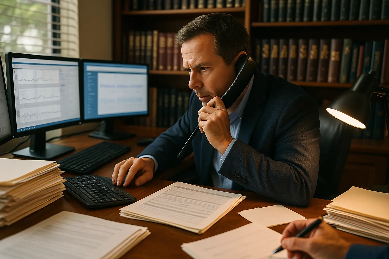 Attorney works at a clutter-but-organized desk, juggling phone, keyboard, and a stack of patient files while several monitors display medical record screens; HIPAA forms await signatures and Florida law books line the shelves, conveying frantic, simultaneous effort.