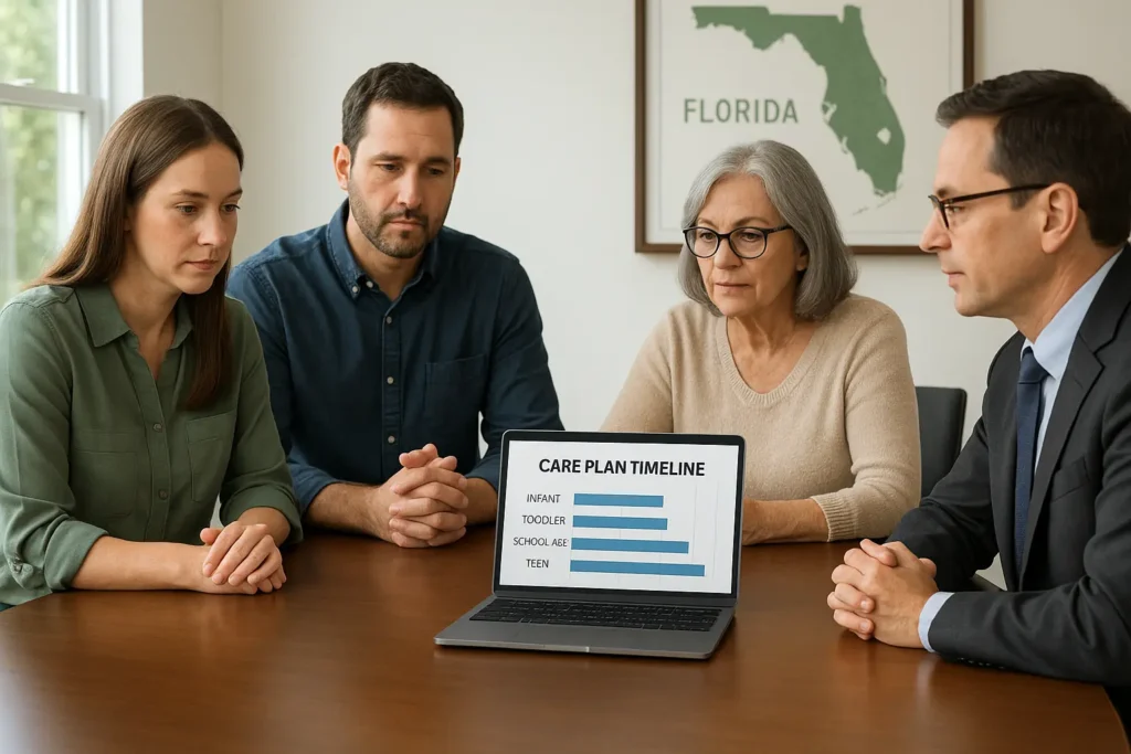 Attorney, life-care planner, and family focus on a single laptop displaying a four-stage care-plan timeline at a conference table, with a Florida medical-facilities map on the wall behind them.