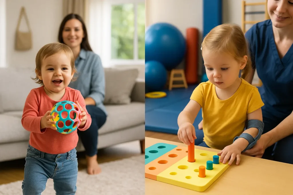Split image: left panel shows a toddler with a healed clavicle stacking bright rings at home under a smiling parent’s gaze; right panel shows the same-age child in therapy using adaptive peg toys as a therapist guides an arm braced for Erb’s palsy.