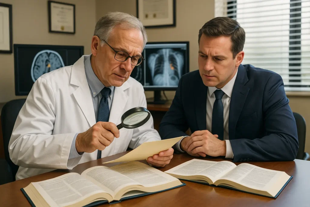 Board-certified physician and attorney in a Florida law office studying patient records and highlighted diagnostic images to draft expert testimony.