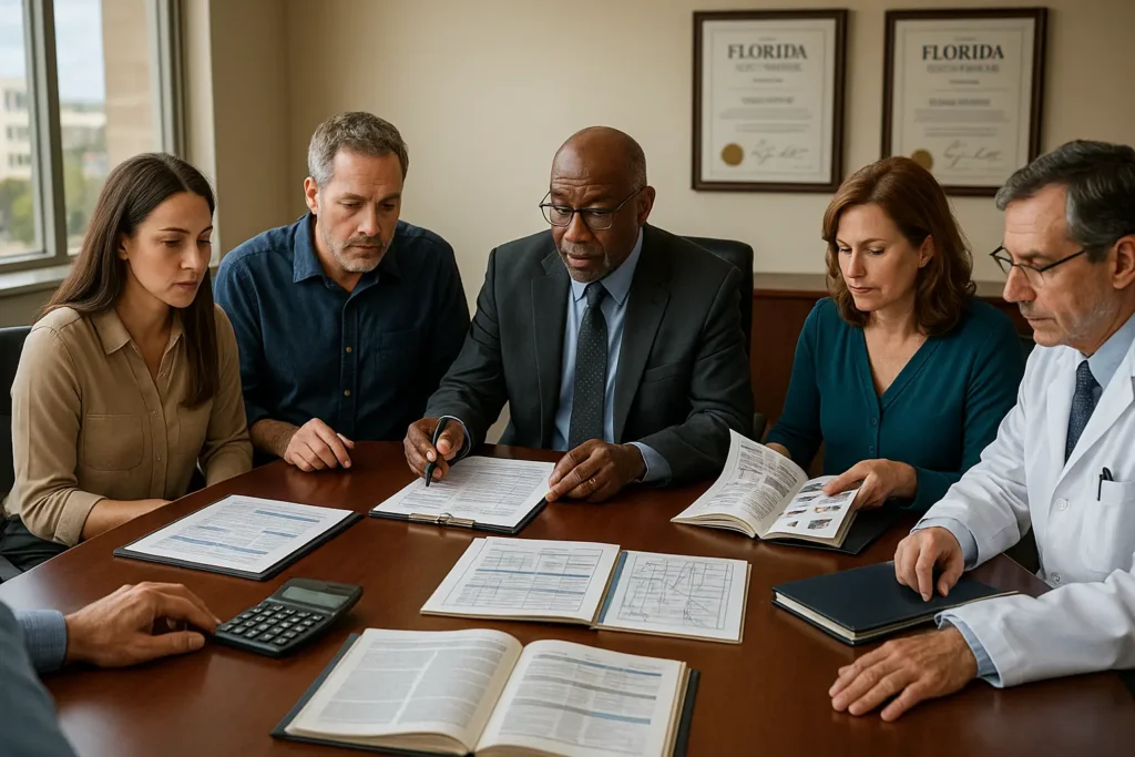 Economist, doctor, life-care planner, and family confer around charts and long-term care documents, projecting lifetime costs after a severe injury in Florida.