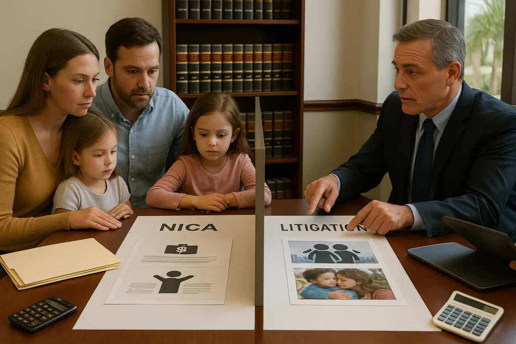 Attorney shows a family two options divided by a wooden separator on the table: left side labeled ‘NICA’ with simple medical icons; right side labeled ‘Litigation’ with family-photo evidence, as parents and child consider the fork-in-the-road decision under shelves of Florida law books.