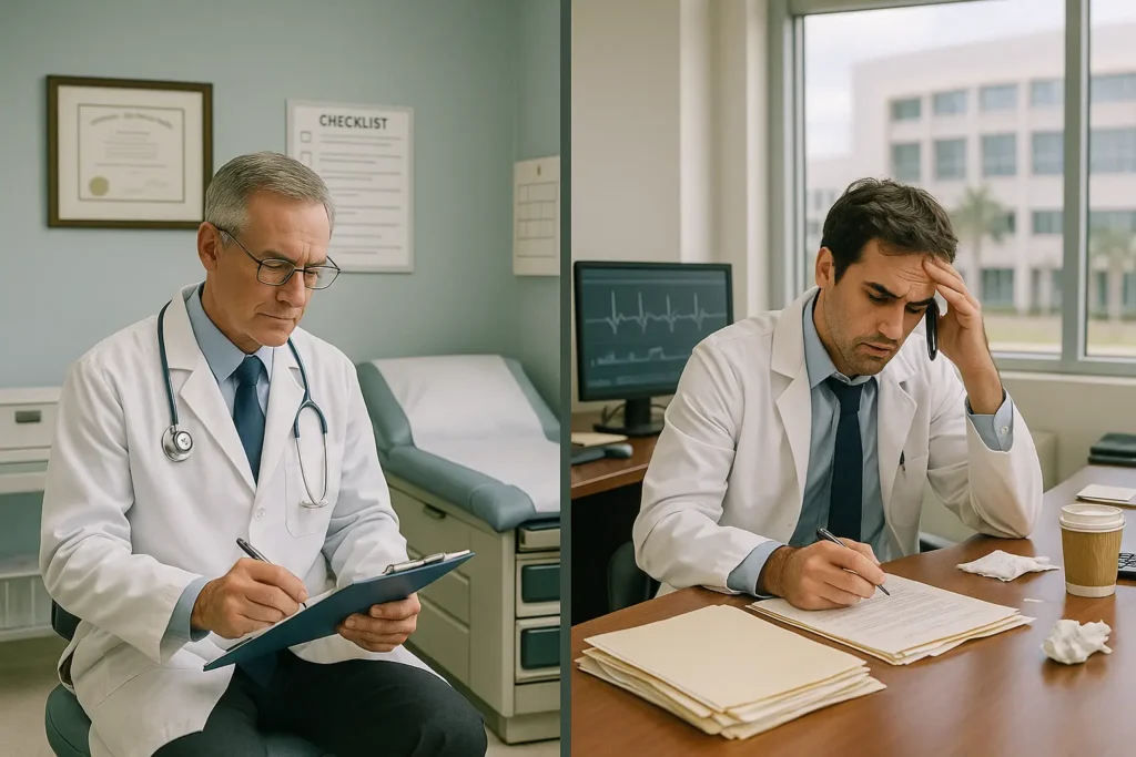 Split examination room: on the left, a focused doctor follows a visible checklist; on the right, a distracted doctor skips steps amid clutter—contrasting proper vs. negligent care in a Florida clinic.