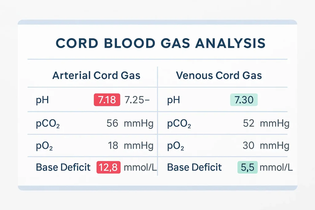 Sample cord blood gas values considered in oxygen loss cases.