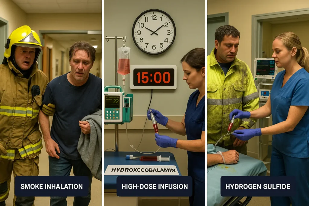 Triptych ER image: left panel—firefighter supports a smoke-inhalation patient on oxygen; center panel—nurse administers hydroxocobalamin beside a nitroprusside pump under a wall clock set to a 15-minute window; right panel—industrial worker in soiled gear receives the same antidote, showing different causes converging on identical treatment.