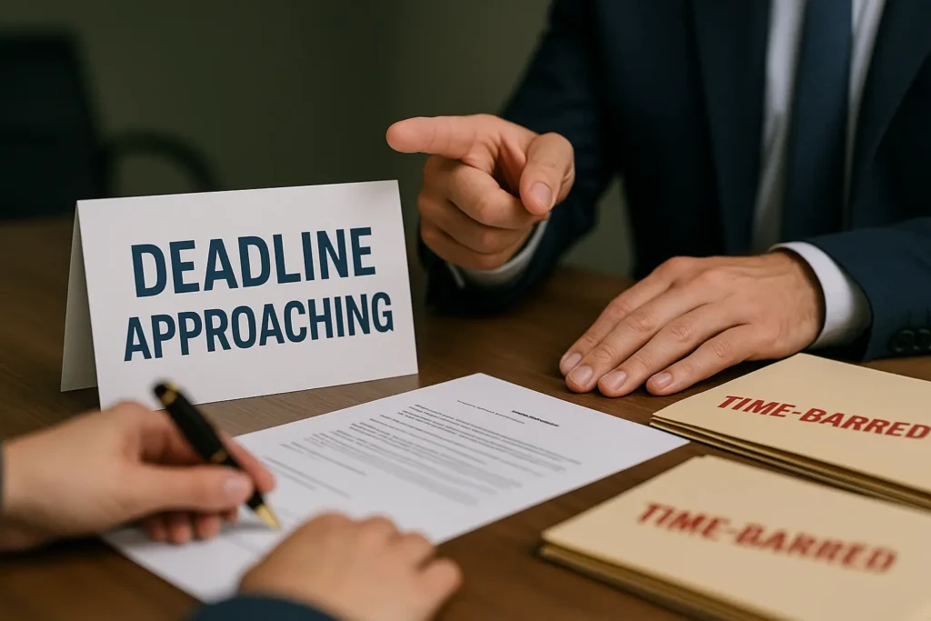 Lawyer points to “DEADLINE APPROACHING” sign as client signs retainer; stacks of folders stamped “TIME-BARRED” on desk.