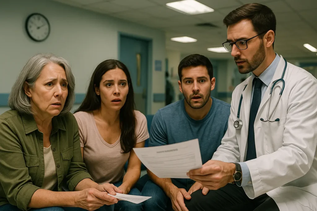 Shocked family in an ER waiting area clutching discharge papers as a doctor delivers bad news; wall clock subtly signals time pressure.