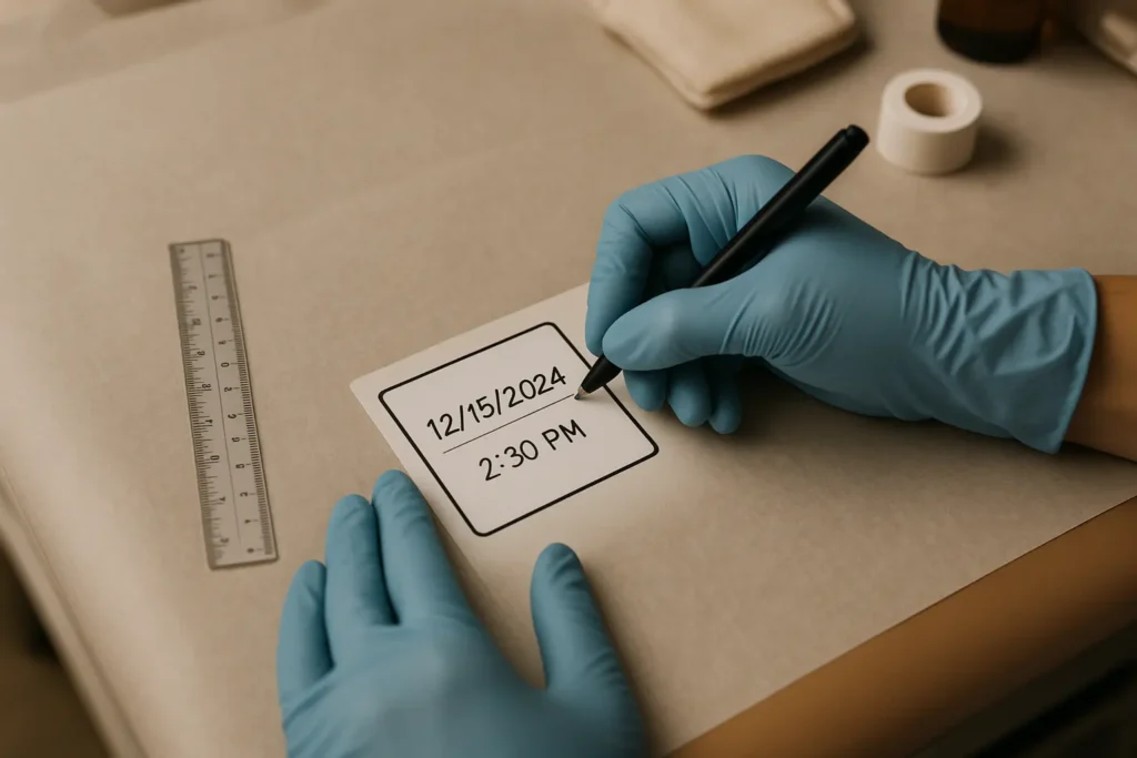 Inline photo concept of a gloved hand holding a ruler beside a wound photo card that shows date and time