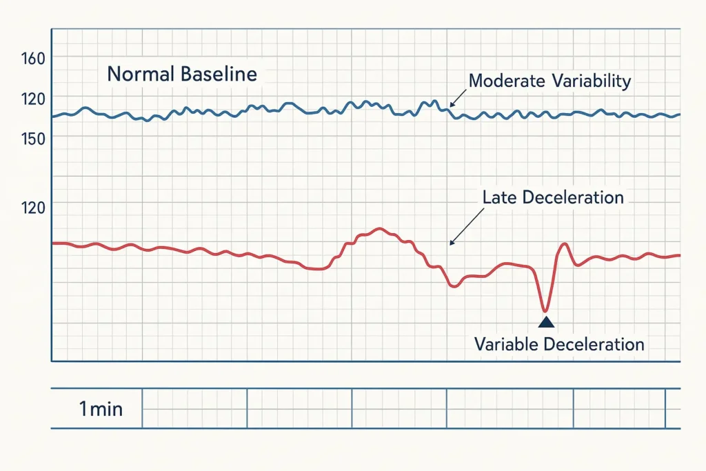 Illustration of fetal heart rate patterns used in Florida birth injury reviews.
