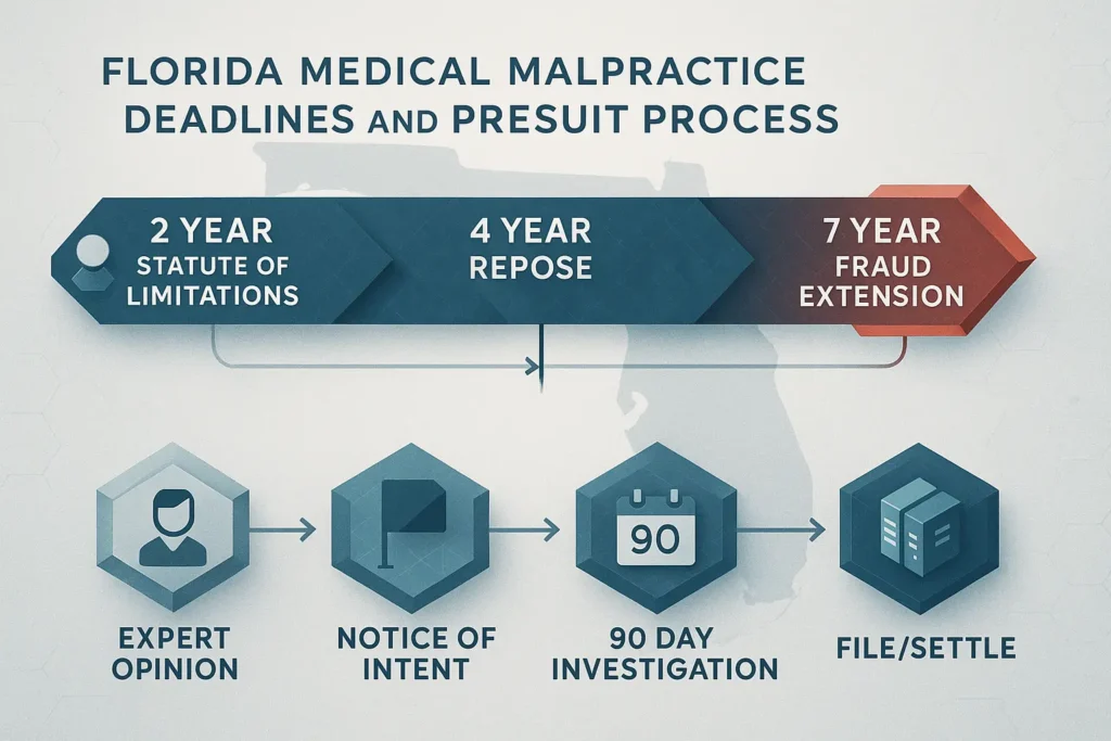 Florida negligencia médica plazos y el proceso previo a la demanda infografía con el estatuto de limitaciones, período de reposo, la extensión de fraude, y los pasos previos a la demanda: Peritaje, Notificación de Intención, Investigación de 90 Días, Presentar o Llegar a un Acuerdo.