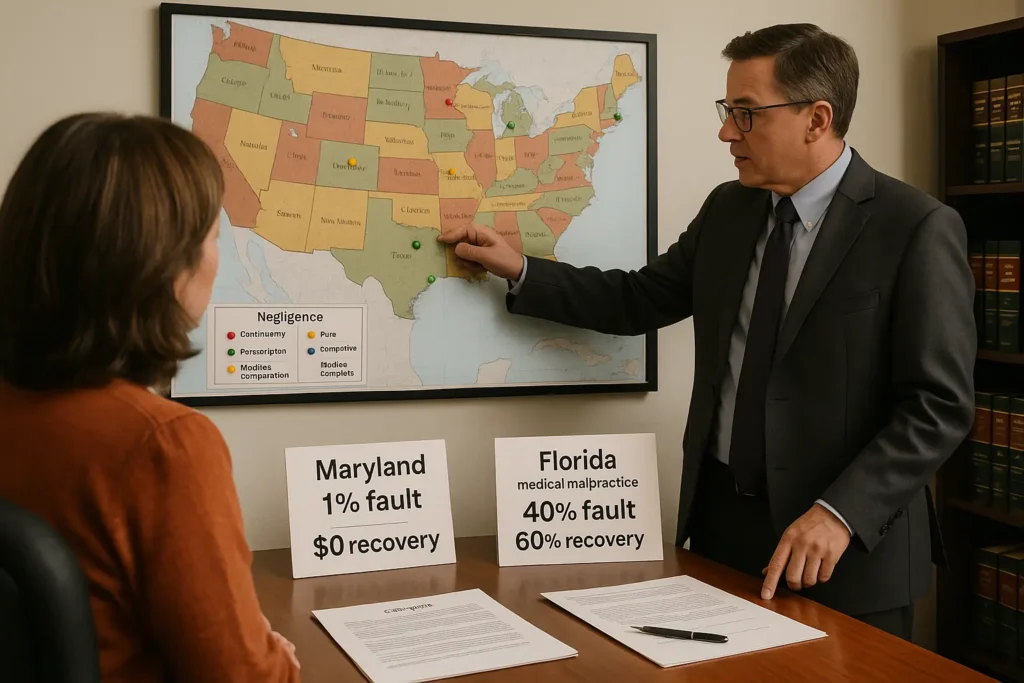 Attorney pointing to Florida on a U.S. wall map dotted with red, yellow, and green pins for different negligence laws while a client from Maryland views desk cards that read ‘Maryland 1 % fault = $0 recovery’ and ‘Florida med-mal 40 % fault = 60 % recovery.