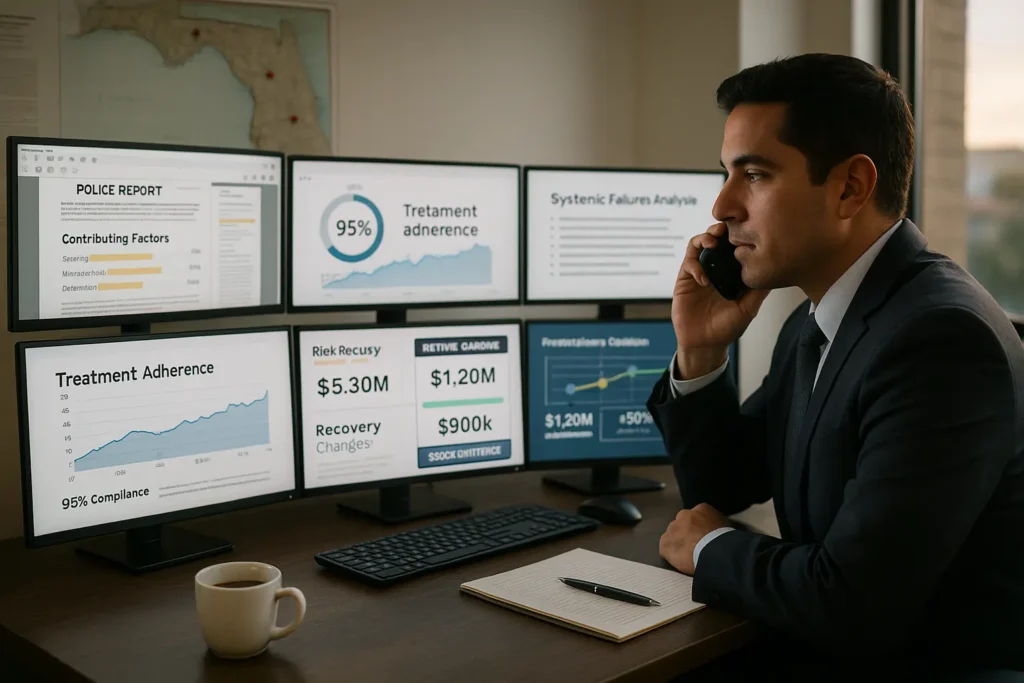Lawyer in a navy suit at a desk of four computer monitors showing a police-report dashboard, 95 % treatment-adherence graph, systemic-failures analysis, and real-time financial-impact bar, speaking on the phone with a Florida pin-map on the wall.