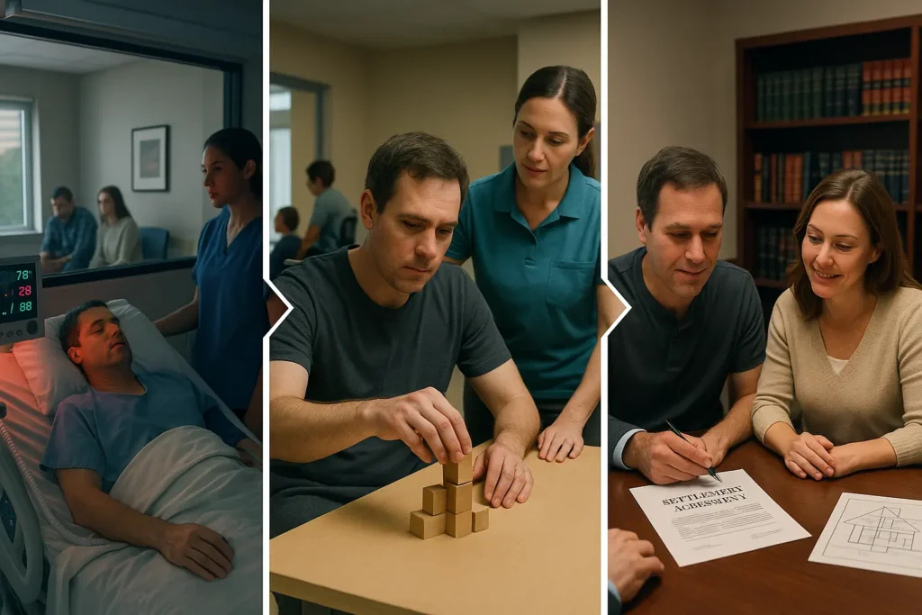Three-panel story: patient on ventilator in ICU, same patient practicing therapy blocks in rehab, and family signing a legal settlement with an attorney.