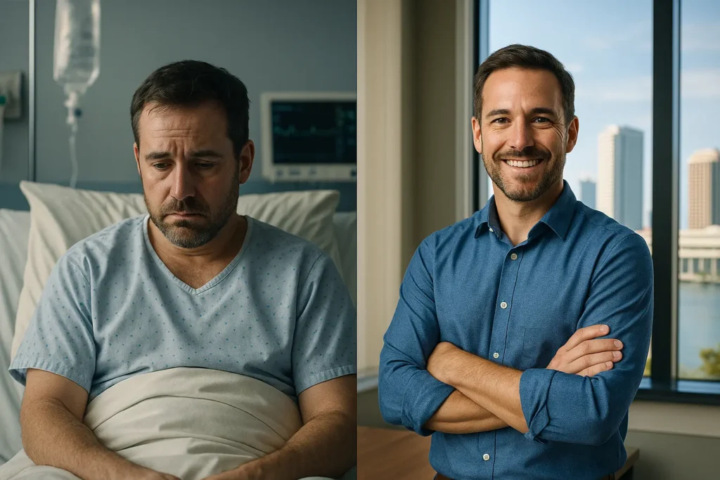 Split portrait of the same man: left side in a Tampa hospital bed looking defeated; right side six months later, smiling confidently at work with the Tampa skyline in the window behind him