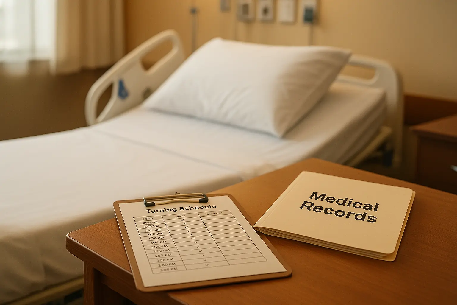 medical records next to hospital bed and turning time chart