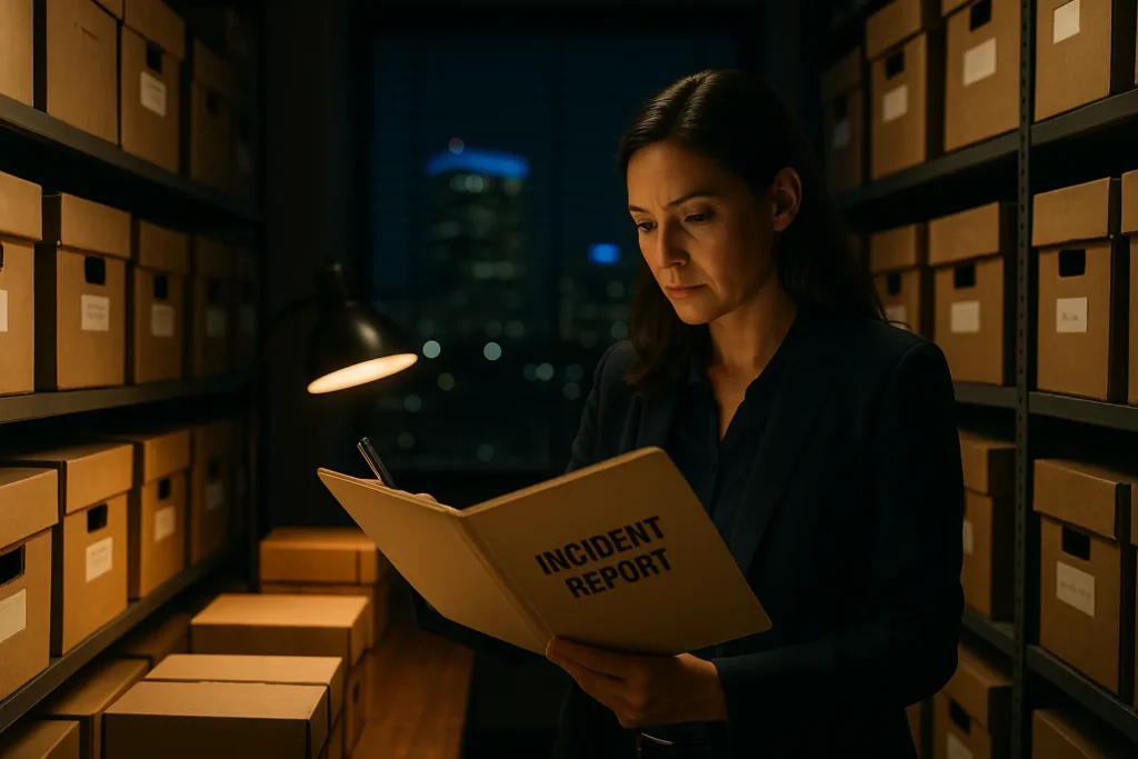 Female investigator in a navy blazer examines an “Incident Report” under a desk lamp, standing between storage shelves as distant city lights blur beyond the glass.