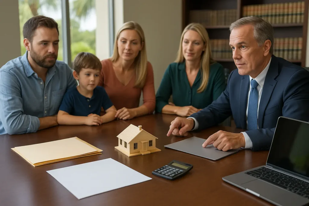 Law-office meeting: attorney and life-care planner confer with parents around a conference table that holds only a small model of an accessible home, blank folders, a calculator, and a laptop—symbolizing tangible planning for lifetime medical needs.