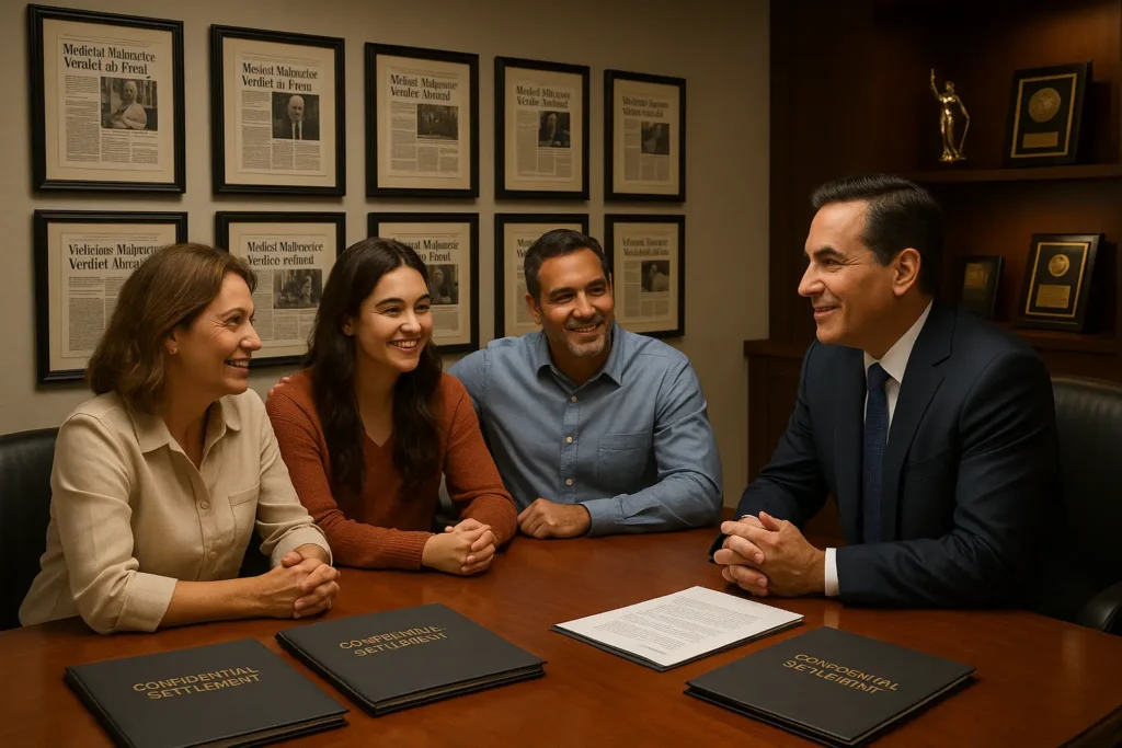 Percy Martinez greets grateful clients in award-lined conference room; “CONFIDENTIAL SETTLEMENT” folders on polished