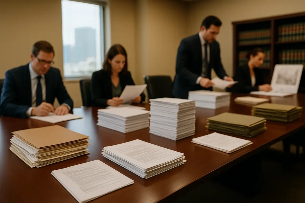 just the team and their stacks of documents showing the workflow