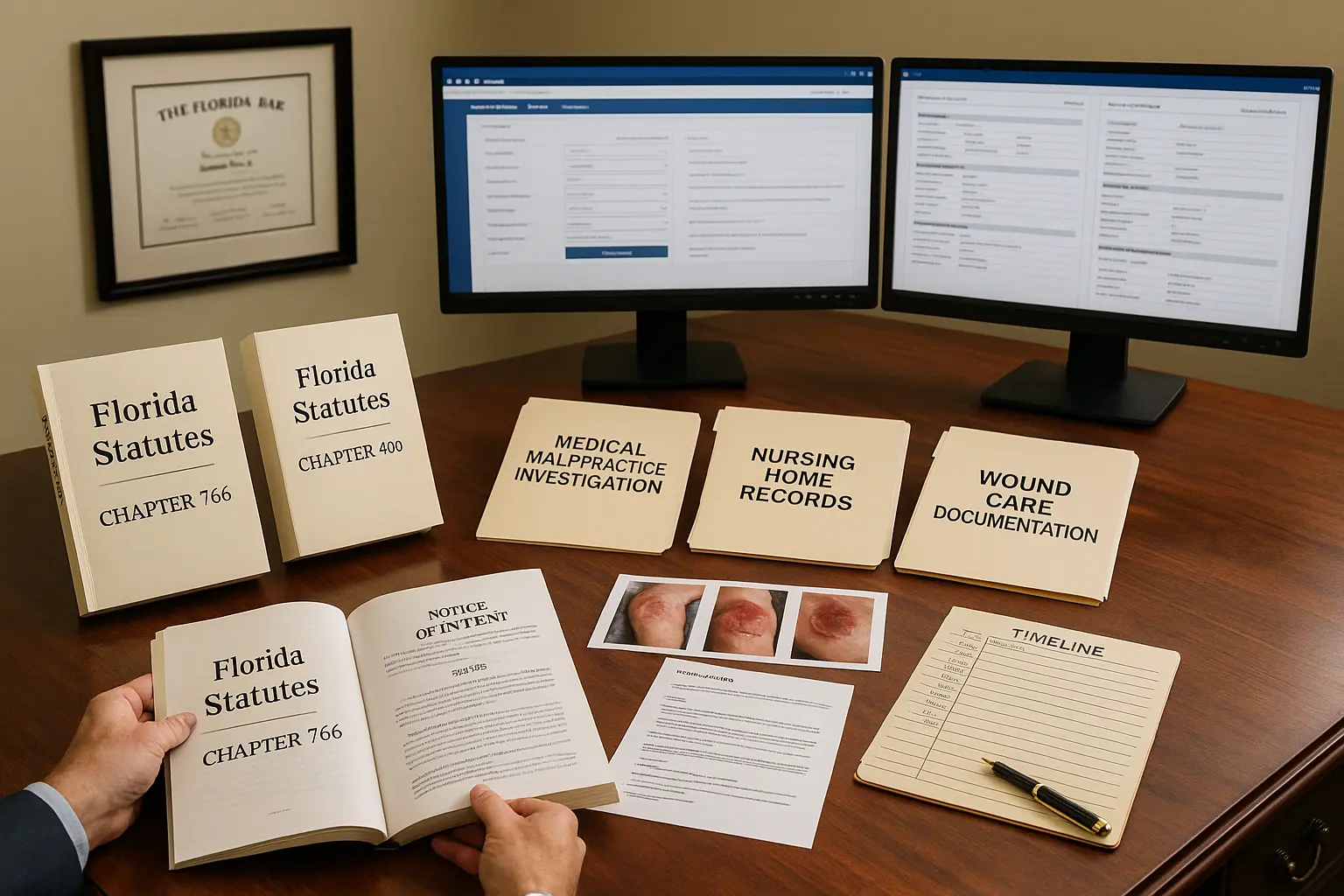 Florida attorney’s desk with enlarged dual monitors displaying legal and medical records, Florida Statutes Chapters 766 and 400, organized folders labeled “Medical Malpractice Investigation,” “Nursing Home Records,” and “Wound Care Documentation,” wound progression photos, a “Timeline” notepad, a Florida Bar certificate on the wall, and a pen resting on the desk.