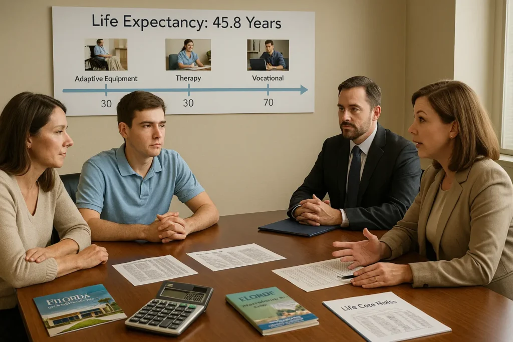 Conference-room meeting where a young TBI survivor, his parents, an attorney, and a life-care planner discuss documents beneath a wall timeline reading ‘Life Expectancy 45.8 Years’ with milestones for adaptive equipment, therapy, and vocational goals.