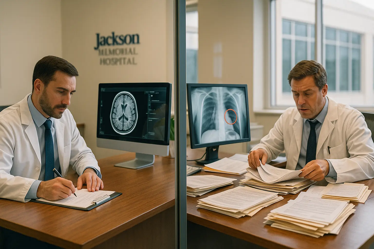 Two doctors in adjoining exam rooms at Jackson Memorial Hospital—one calmly reviewing brain MRI scans with a patient, the other stressed and buried in paperwork while missing a chest X-ray abnormality.