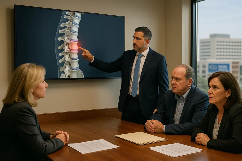 the 3-D spine render, Percy’s presentation, and the insurance team’s reactions.