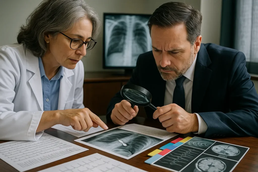 Attorney and medical expert lean over a wooden conference table reviewing fetal-monitor wave strips, ultrasound images, EMG waveforms, and forceps arranged in chronological order
