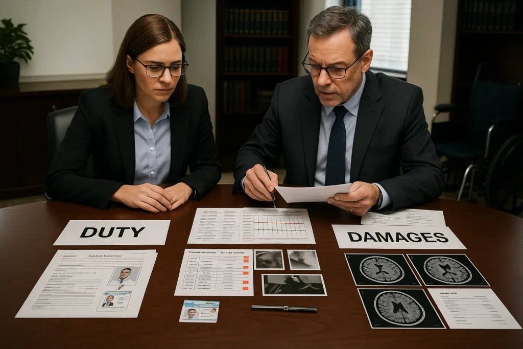 Lawyer and medical expert study a conference table arranged into duty, breach, and damages with hospital forms, alarm logs, and brain MRI images.