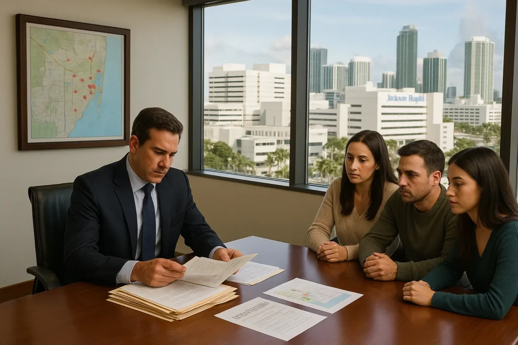 Attorney Percy Martinez reviews medical files with a worried family; Miami hospitals visible through floor-to-ceiling windows.