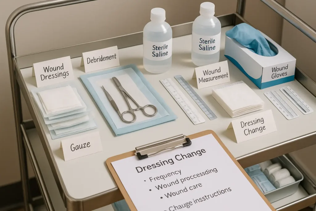 Overhead view of organized treatment protocol cards with related medical supplies on a clean white medical workspace.