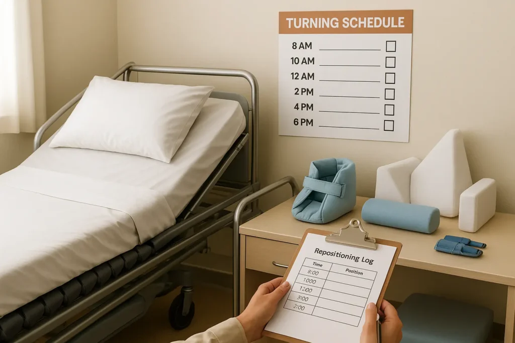 Hospital bed with pressure-relieving mattress, positioning aids, and a wall-mounted turning schedule, with a healthcare worker holding a repositioning log clipboard.