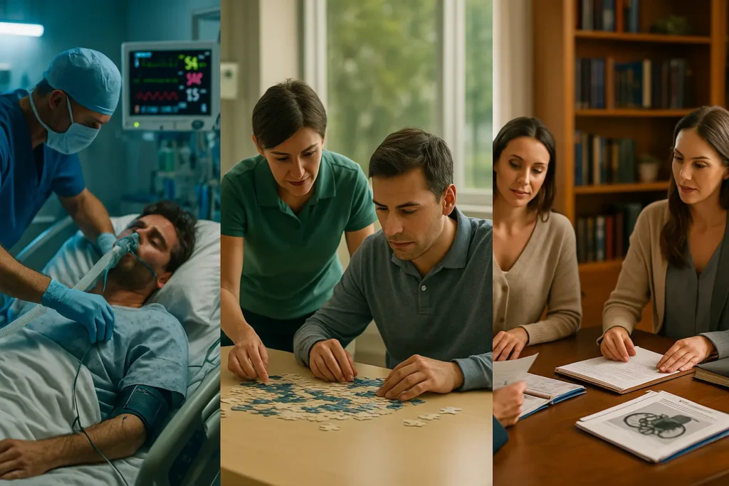 Viaje en tríptico: el panel izquierdo muestra al equipo de la UCI atendiendo a un paciente ventilado bajo una luz azul intensa; el panel central muestra al mismo superviviente meses después en rehabilitación resolviendo un rompecabezas con un terapeuta a la suave luz del día; el panel derecho muestra a la familia con un abogado en un cálido despacho revisando planes de cuidados vitales a largo plazo y catálogos de equipos de adaptación.