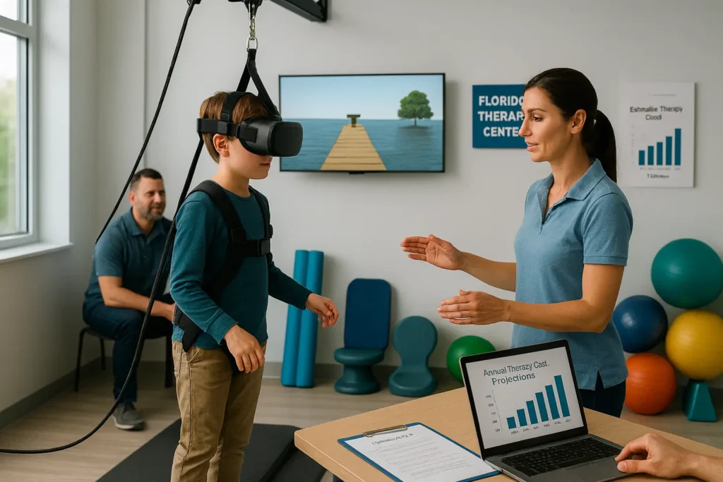 Child wearing VR headset and safety harness practices balance on a platform while therapist coaches; wall screen shows a virtual pier, laptop in foreground displays a clear bar chart titled ‘Annual Therapy Cost Projections,’ therapy balls and foam equipment organized around the bright room.