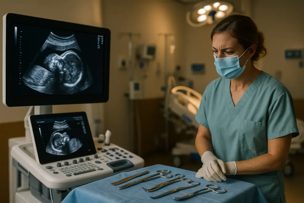 Sole clinician in surgical scrubs stands over a prepared instrument table, watching an ultrasound cart that shows a large fetus; dim birthing suite lighting and modern equipment frame the tense scene.
