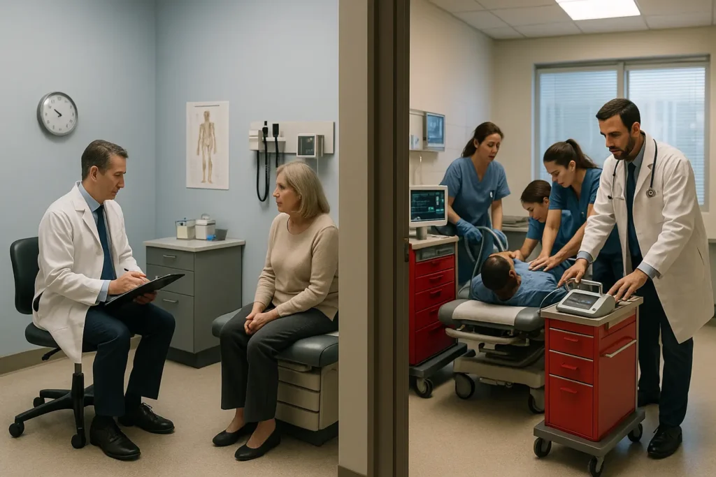 Split exam room: calm routine check-up on left, frantic emergency team on right—showing sudden shift from care to crisis.