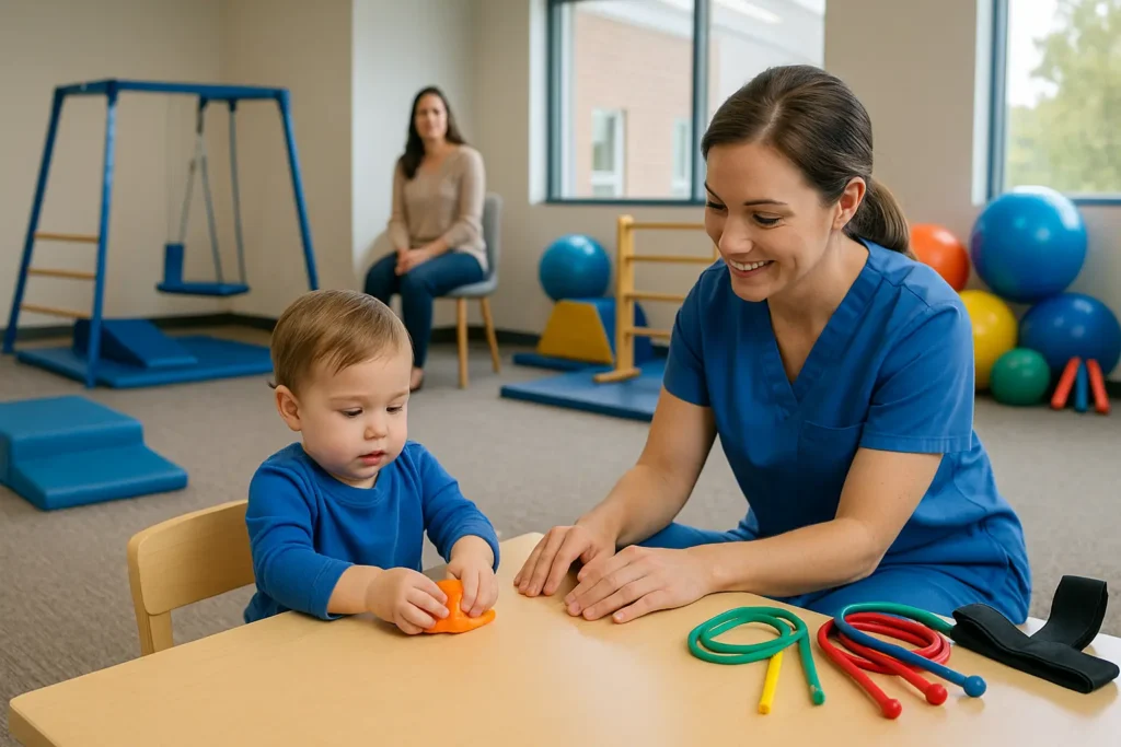 Occupational therapist guides a toddler squeezing bright therapy putty; therapy balls, resistance cords, and adaptive play equipment fill the sunny pediatric gym while the parent observes in the background.”