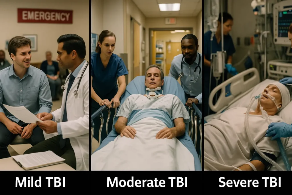 Three vertical ER panels: left shows alert patient chatting with doctor (mild TBI); center shows patient on gurney with neck brace and medical team (moderate TBI); right shows intubated patient receiving critical care (severe TBI).