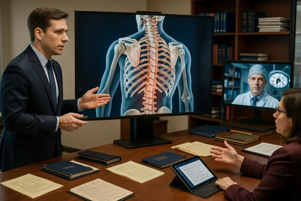 Attorney rehearses with a 3D spine model on a large screen while a surgeon joins via video call and case files sync on tablets for a tech-driven trial presentation.