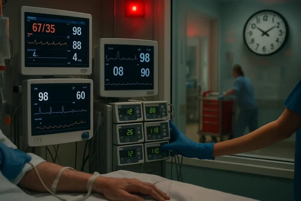 A photorealistic ICU crisis scene: crashing blood pressure and paradoxically normal oxygen saturation on multiple monitors, nurse fine-tuning IV pumps, crash cart racing past the glass, wall clock ticking, mottled extremities in the foreground, red alarm lights, and a discrete Florida Hospital badge.