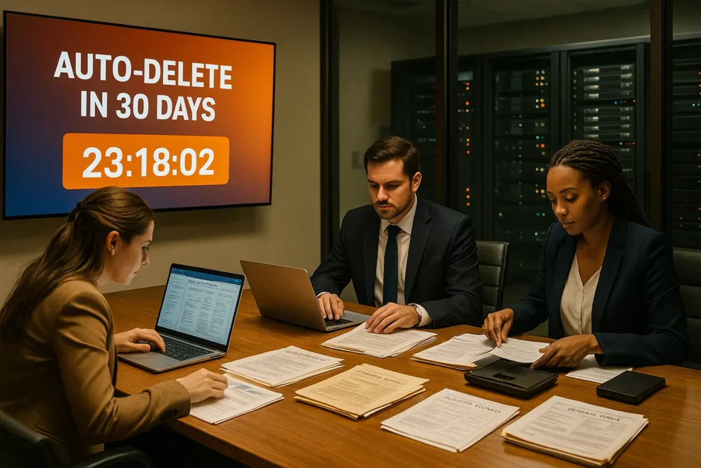 Split scene: server screen warns “AUTO-DELETE IN 30 DAYS” while nearby legal team rapidly scans and downloads medical records.