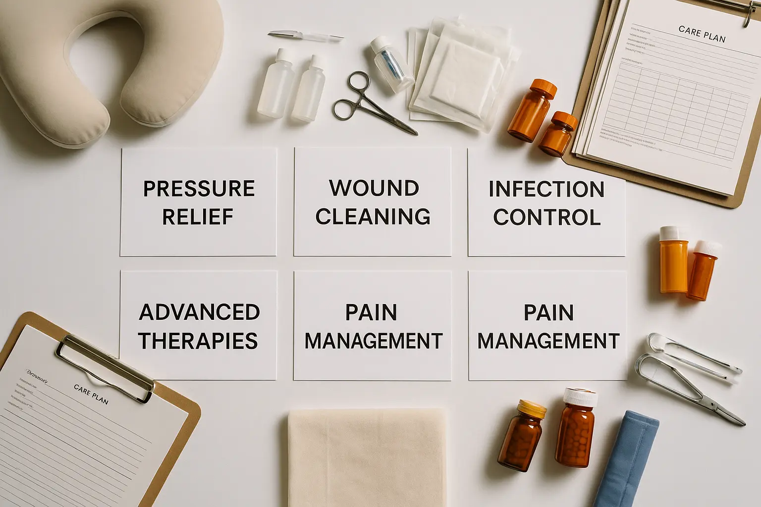 Overhead view of seven treatment protocol cards labeled with key wound care components, surrounded by medical supplies on a clean white workspace.