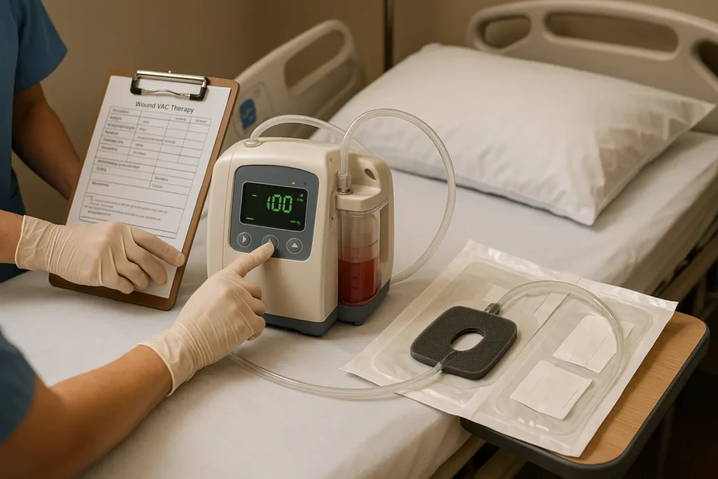 Hospital bed with pressure-relieving equipment, wall-mounted turning chart, and clipboard repositioning log.