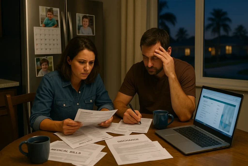 Evening kitchen scene in a Florida home: worried parents sit at a small wooden table covered with medical bills, insurance forms, and discharge papers; a laptop shows an online medical portal, coffee mugs hint at late-night effort, and a refrigerator calendar crowded with doctor-visit dates and child-recovery photos underscores the urgency as dusk settles outside the window.