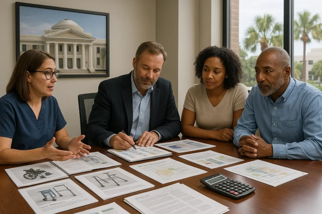  depicts a multidisciplinary planning session—economist with cost projections, life-care planner referencing adaptive equipment, architect rolling out accessibility blueprints, and a Florida family listening as the Supreme Court building anchors the backdrop