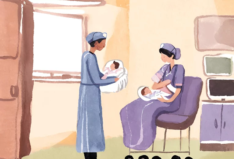 A doctor and nurse in a hospital room with a newborn baby
