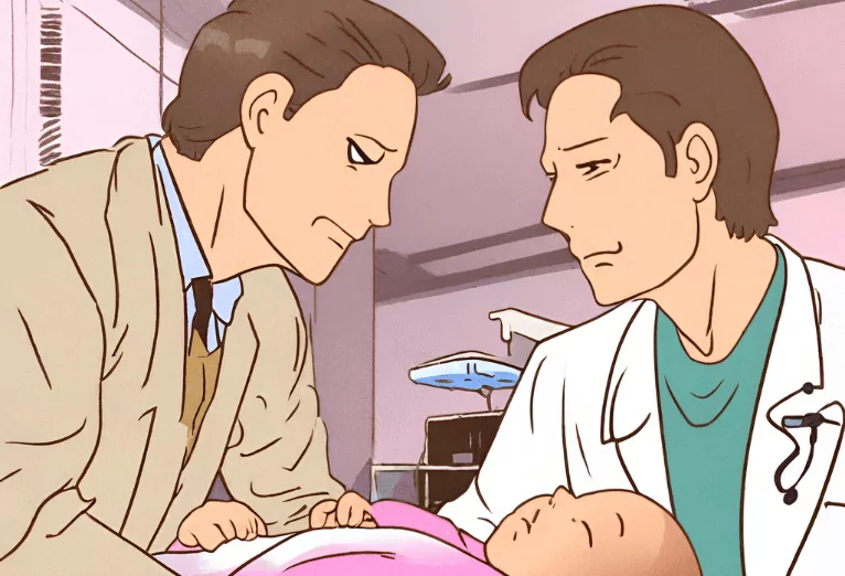 A lawyer and a doctor in a hospital room with a newborn baby