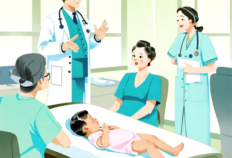 A doctor and nurse in a hospital room with a newborn baby and a lawyer talking to the parents